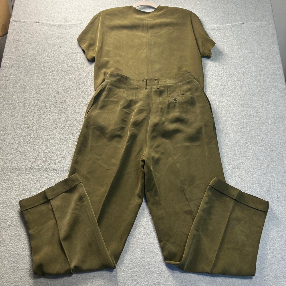 Jones New York 2 Piece Silk Pant Suit Womens Size 10 Olive Short Sleeve Set - Picture 2 of 13